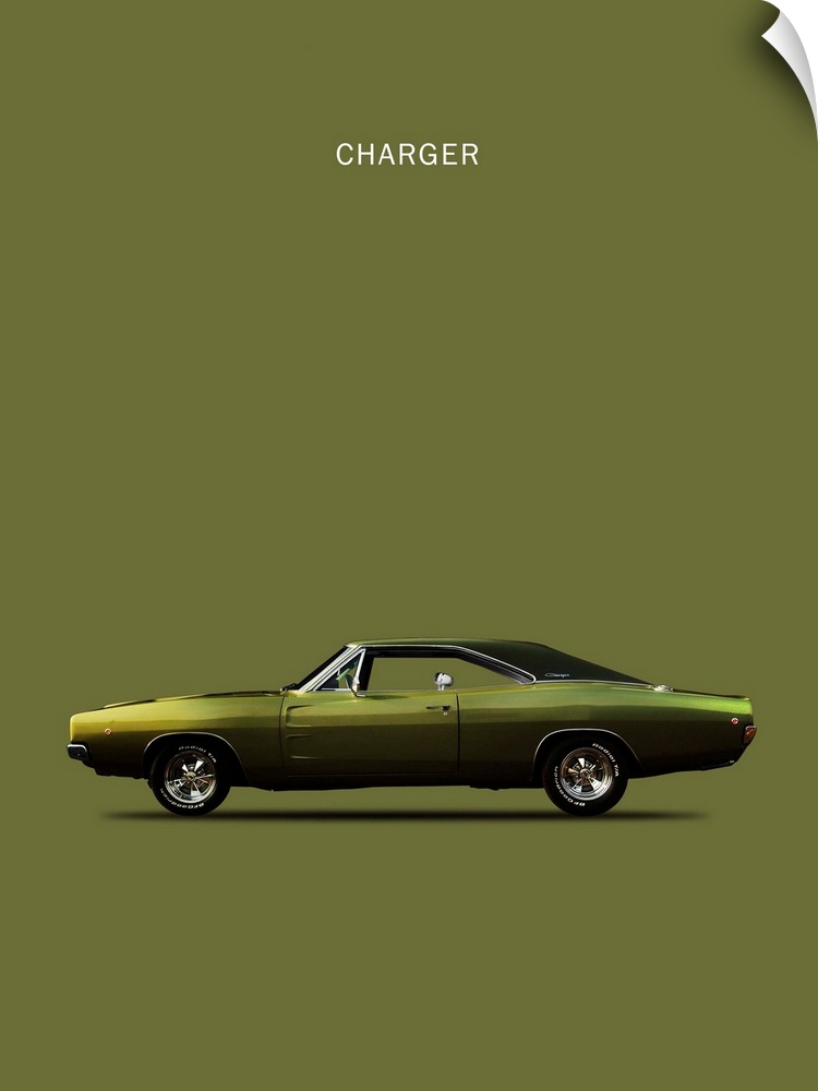 Photograph of an olive green Dodge Charger printed on a dark green background