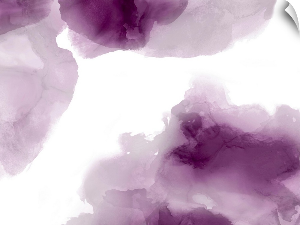 Abstract painting with amethyst purple hues splattered together on a white background.