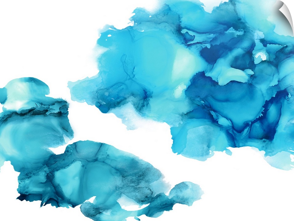 Abstract painting with aqua hues splattered together on a white background.