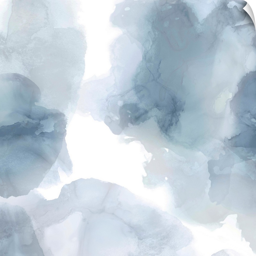 Abstract painting with translucent blue and gray hues splattered together on a white background.
