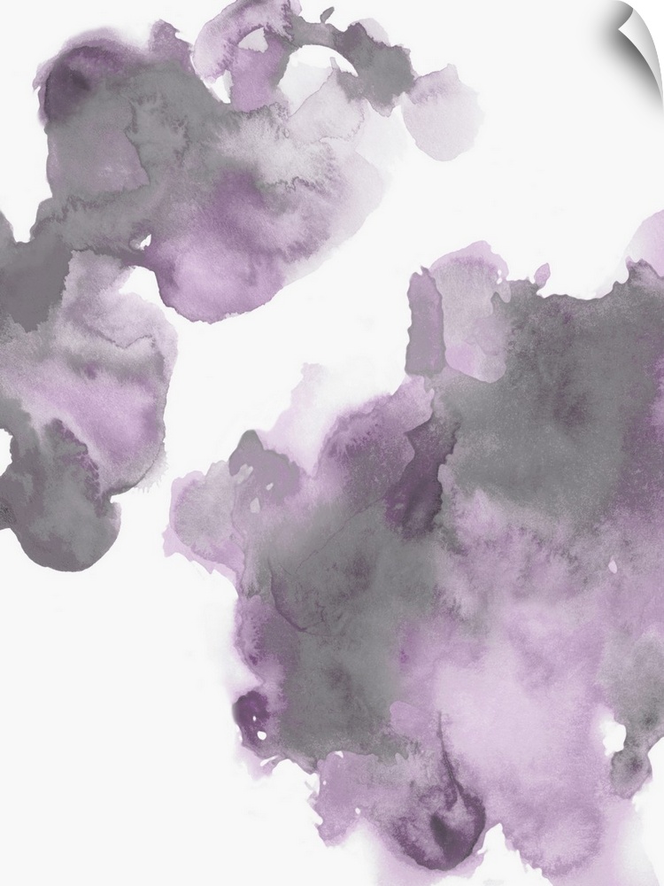 Abstract painting with lavender and gray hues splattered together on a white background.