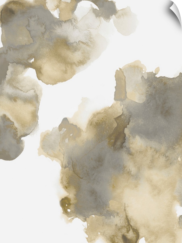 Abstract painting with gold and gray hues splattered together on a white background.