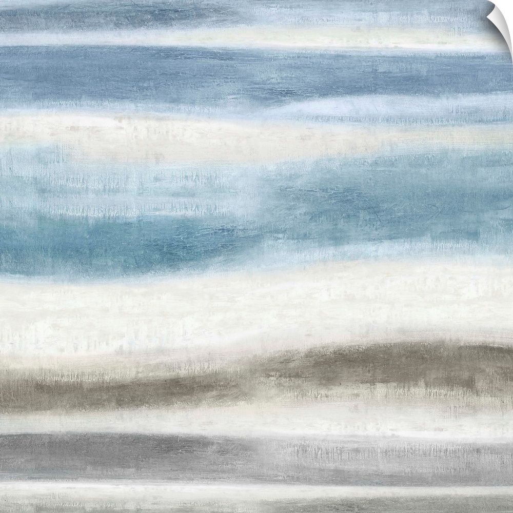 Square abstract painting created with blue and gray wavy brushstrokes running horizontally across the canvas.