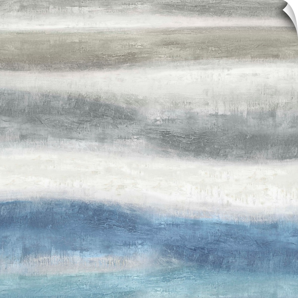 Square abstract painting created with blue and gray wavy brushstrokes running horizontally across the canvas.