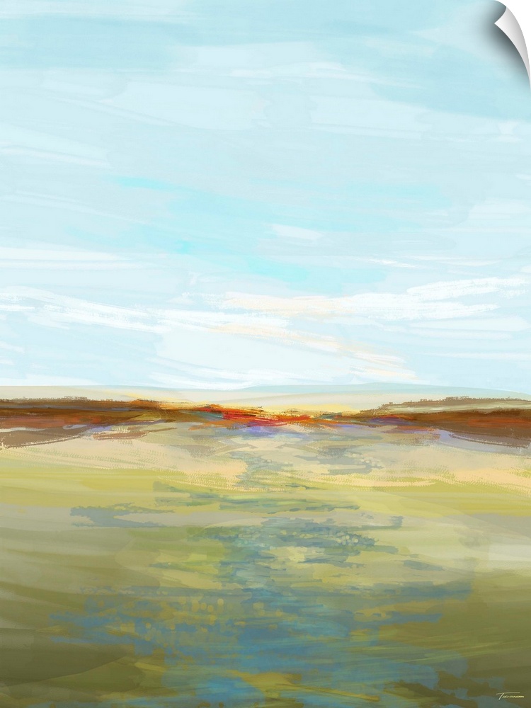 Abstract landscape created with translucent layers of color, creating an open field with a river going through the middle.