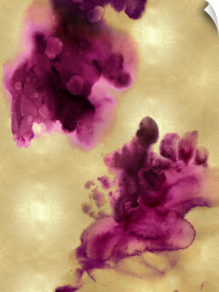 Abstract painting with fuchsia hues splattered together on a gold background.