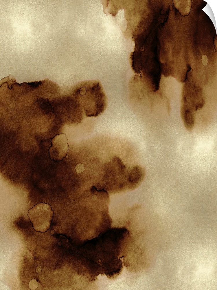 Abstract painting with bronze hues splattered together on a gold background.