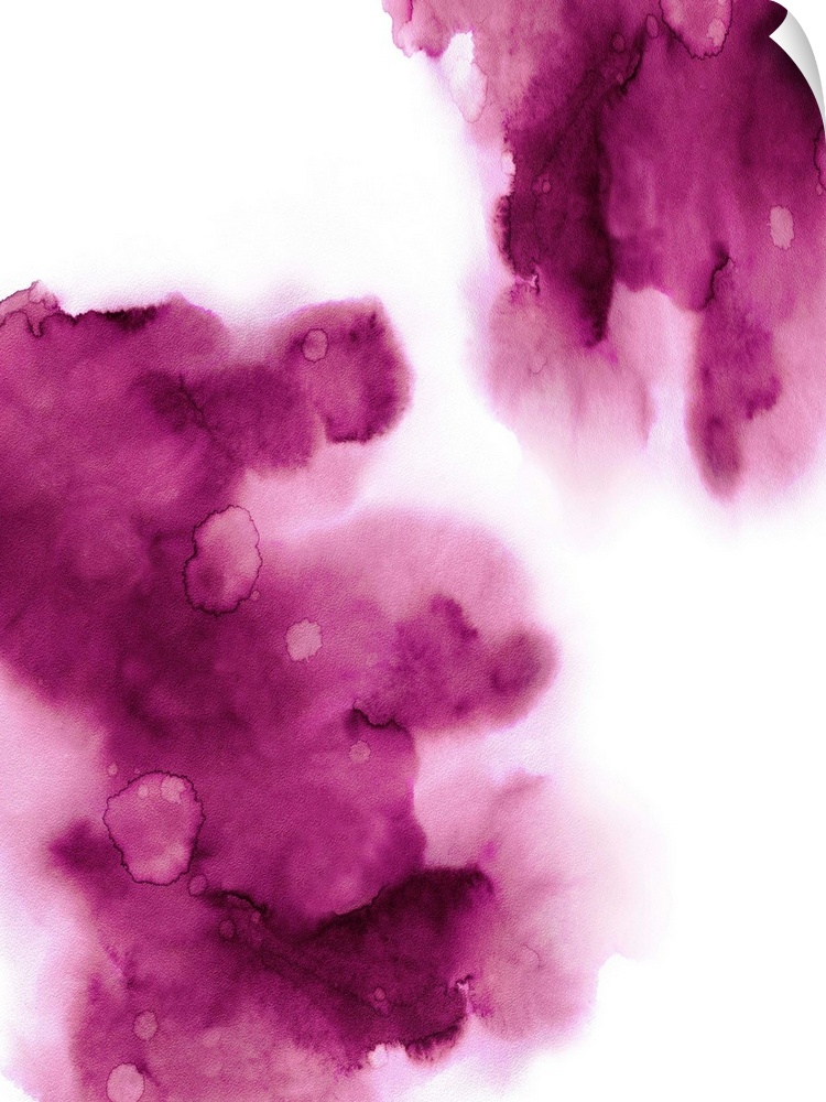 Abstract painting with fuchsia hues splattered together on a white background.