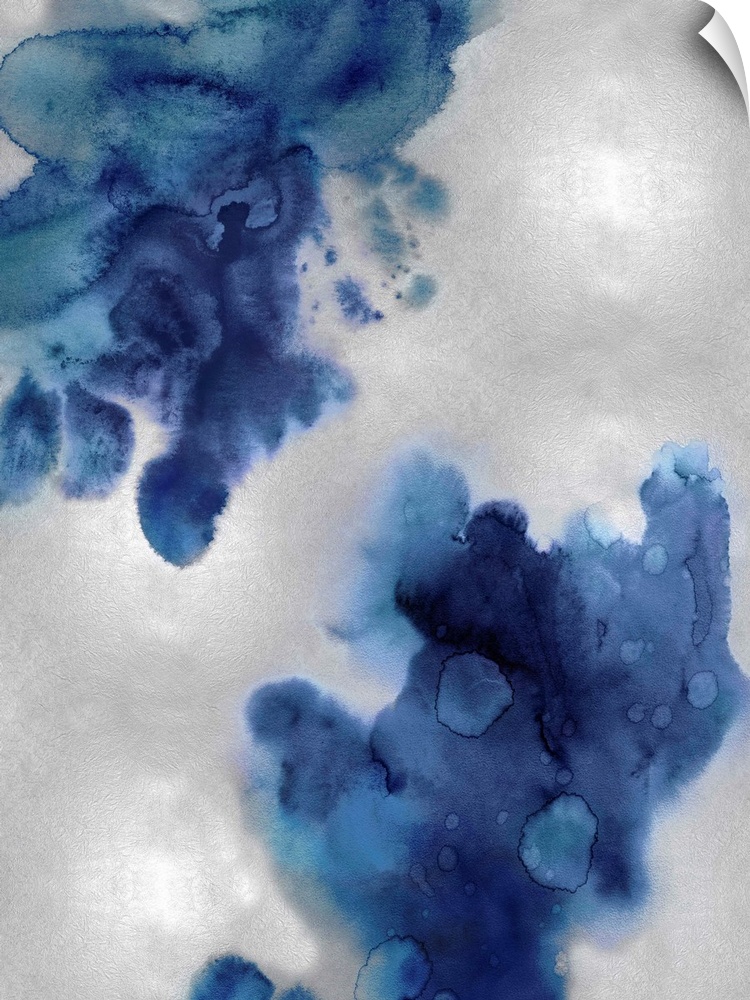 Abstract painting with indigo hues splattered together on a silver background.