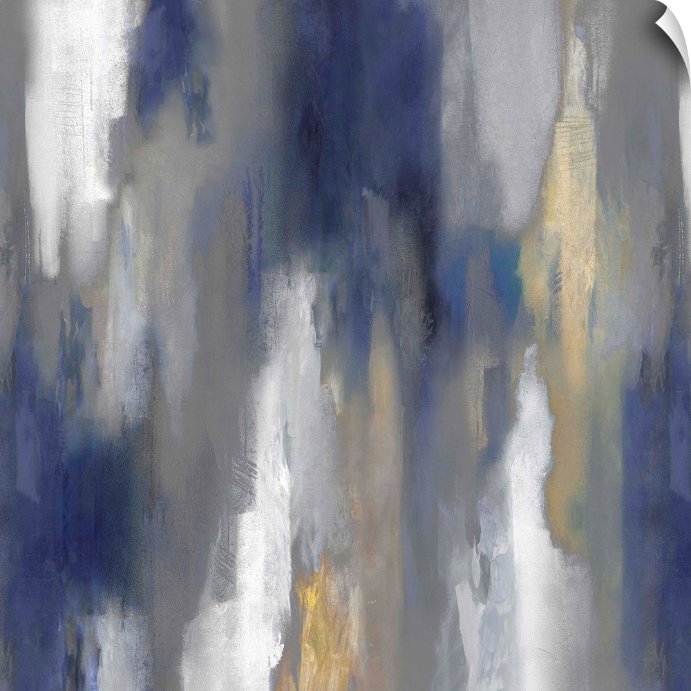 Square abstract painting with hazy shades of blue, gray, white, and gold smearing down the canvas.