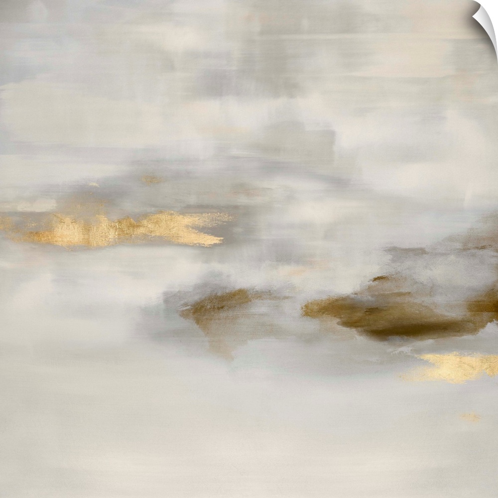 Contemporary abstract artwork in muted brown and white tones with gold colored brush accents.