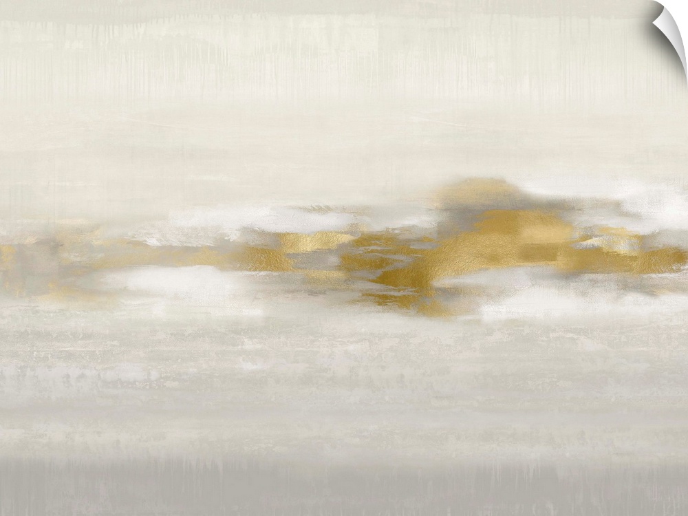 Contemporary abstract artwork in muted gray tones with gold colored brush accents.