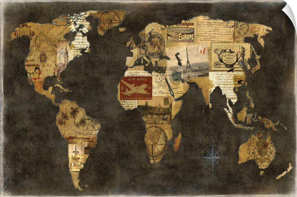 Map of the world created with travel stickers and handwritten letters.