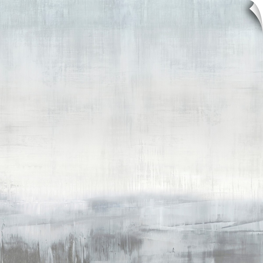 Contemporary abstract artwork in gray and white with dry brush crosshatching and drips.