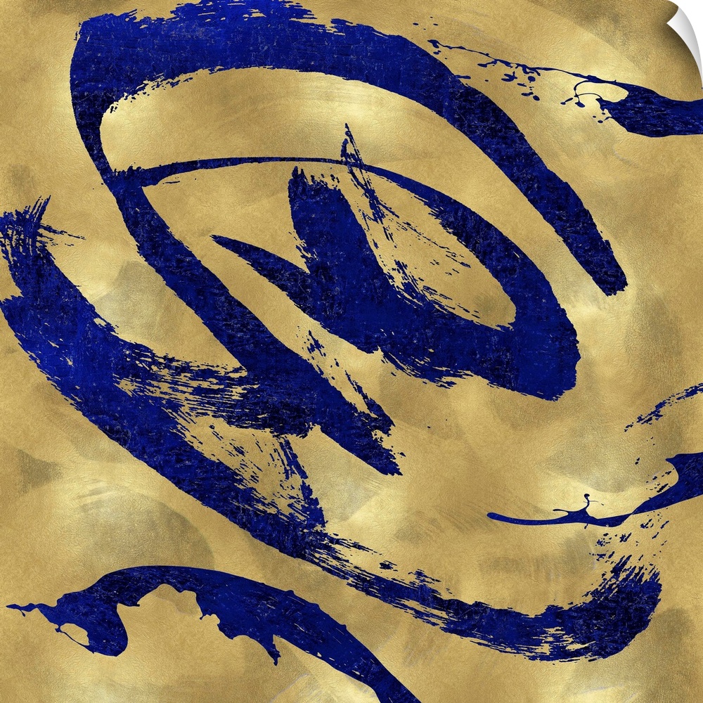 Gestural and energetic brush strokes in blue decorate a mottled gold color background in this contemporary artwork.