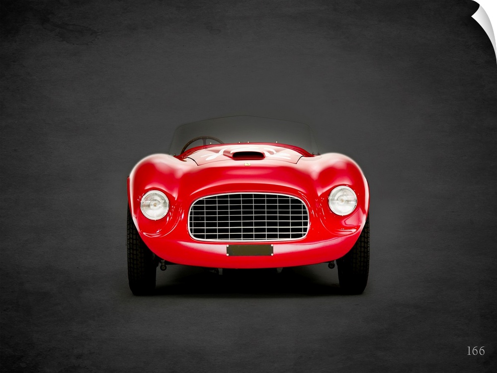 Photograph of a red 1948 Ferrari 166 printed on a black background with a dark vignette.