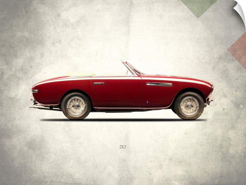 Photograph of a red Ferrari 212 1951 printed on a distressed white and gray background with part of the Italian flag in th...