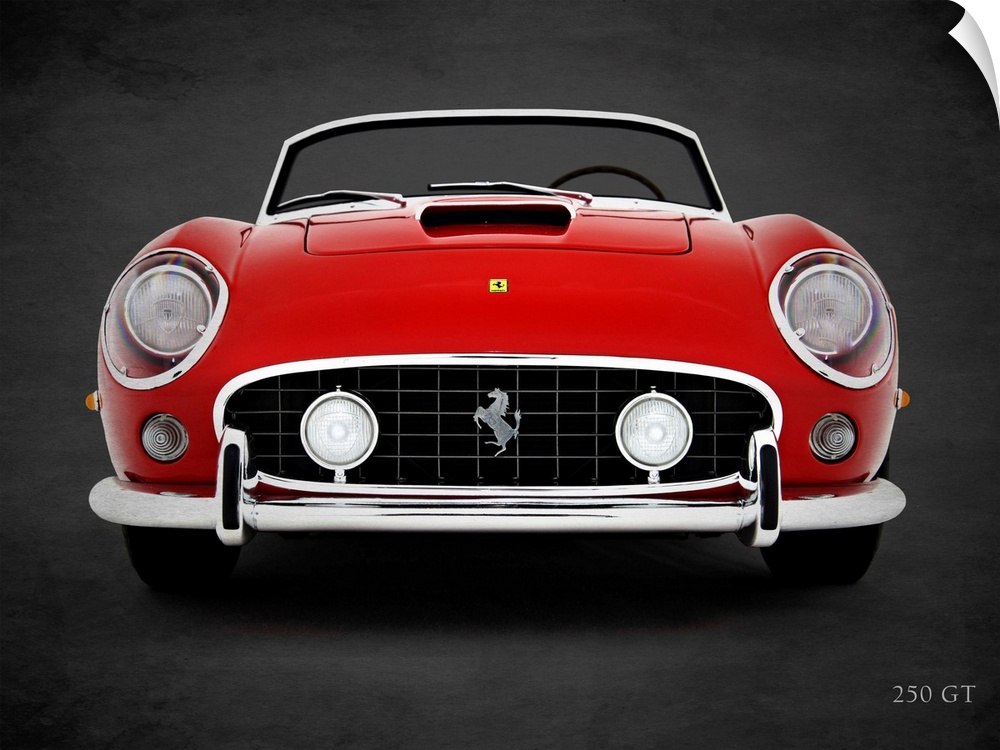 Photograph of a red Ferrari 250 GT printed on a black background with a dark vignette.