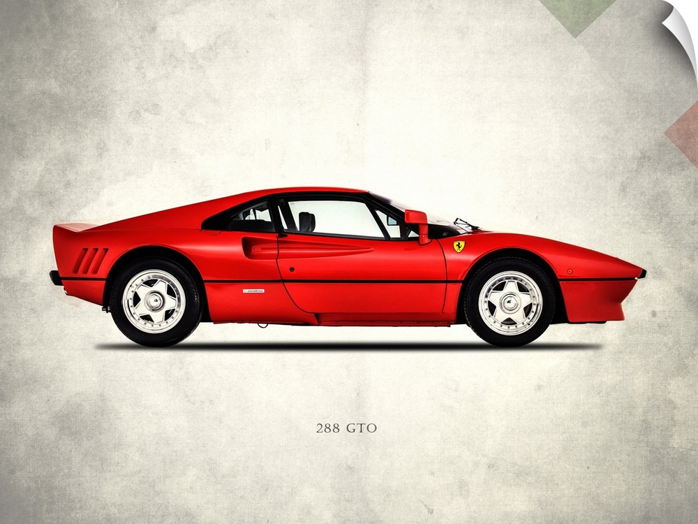 Photograph of a red Ferrari 288 printed on a distressed white and gray background with part of the Italian flag in the top...