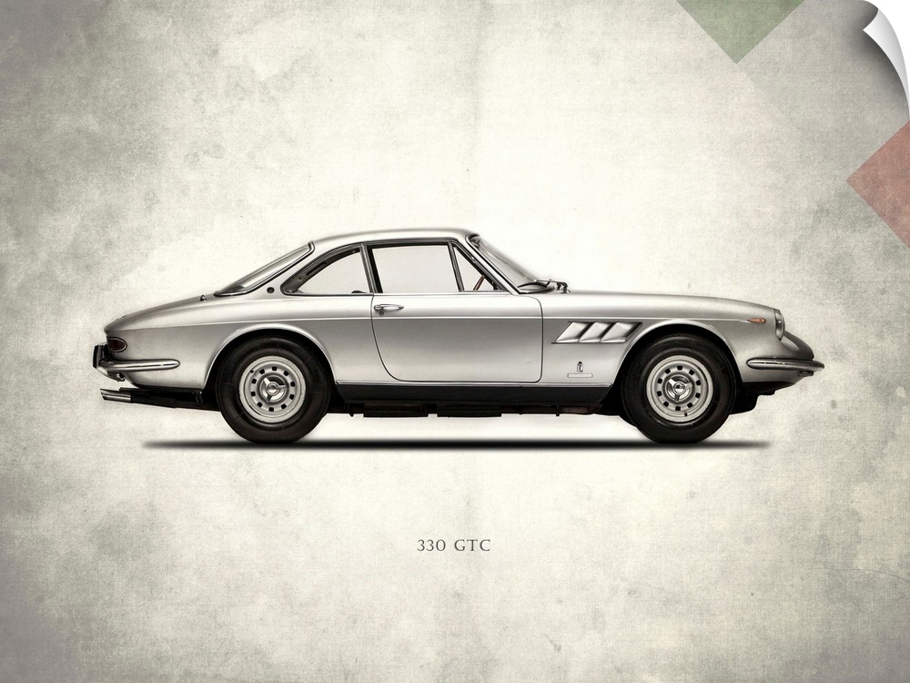 Photograph of a silver Ferrari 330GTC 1968 printed on a distressed white and gray background with part of the Italian flag...