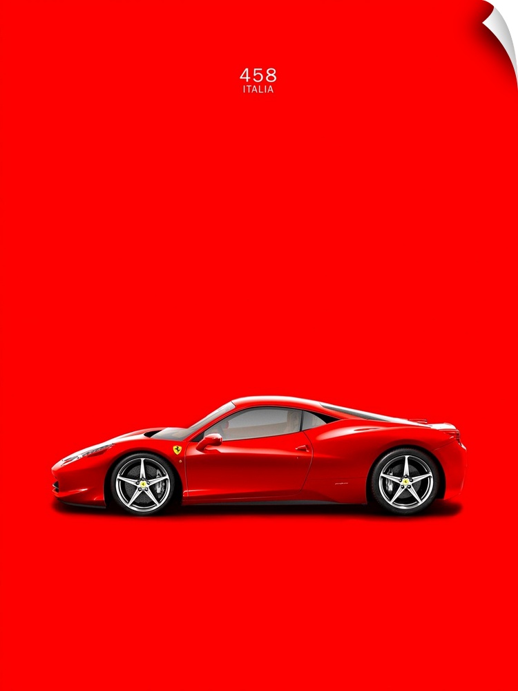 Photograph of a bright red Ferrari 458 Italia printed on a red background