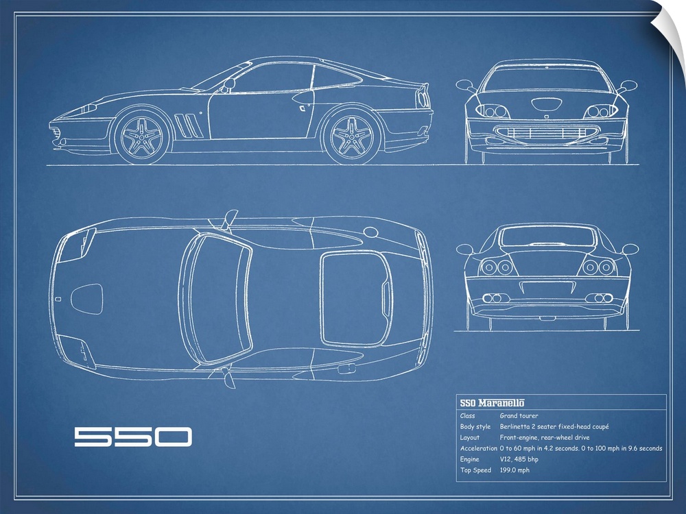 Antique style blueprint diagram of a Ferrari 550 printed on a Blue background.