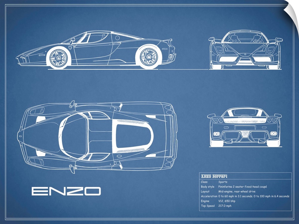 Antique style blueprint diagram of a Ferrari Enzo printed on a Blue background.