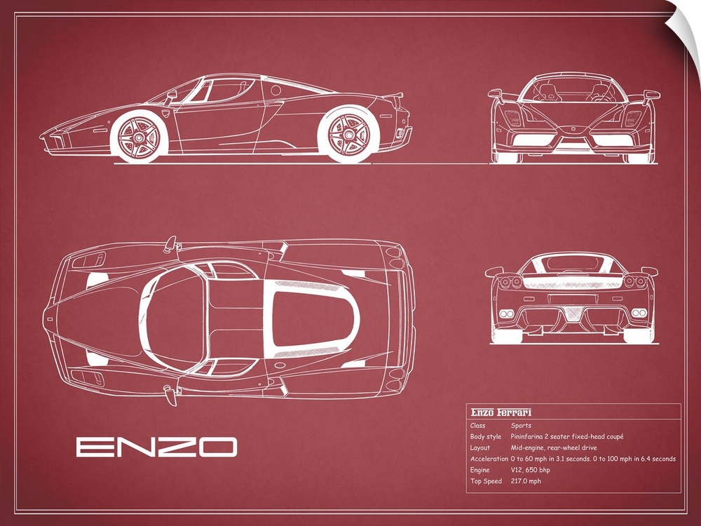 Antique style blueprint diagram of a Ferrari Enzo printed on a Maroon background.