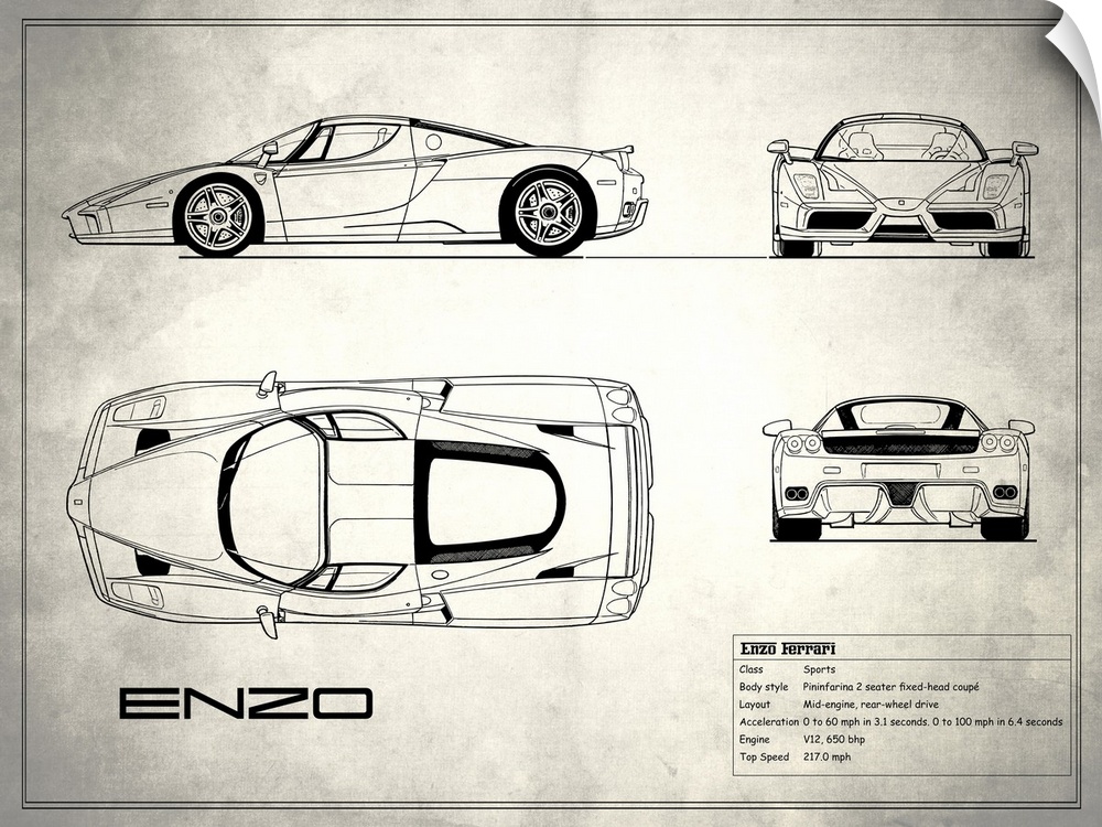 Antique style blueprint diagram of a Ferrari Enzo printed on a weathered white and gray background.
