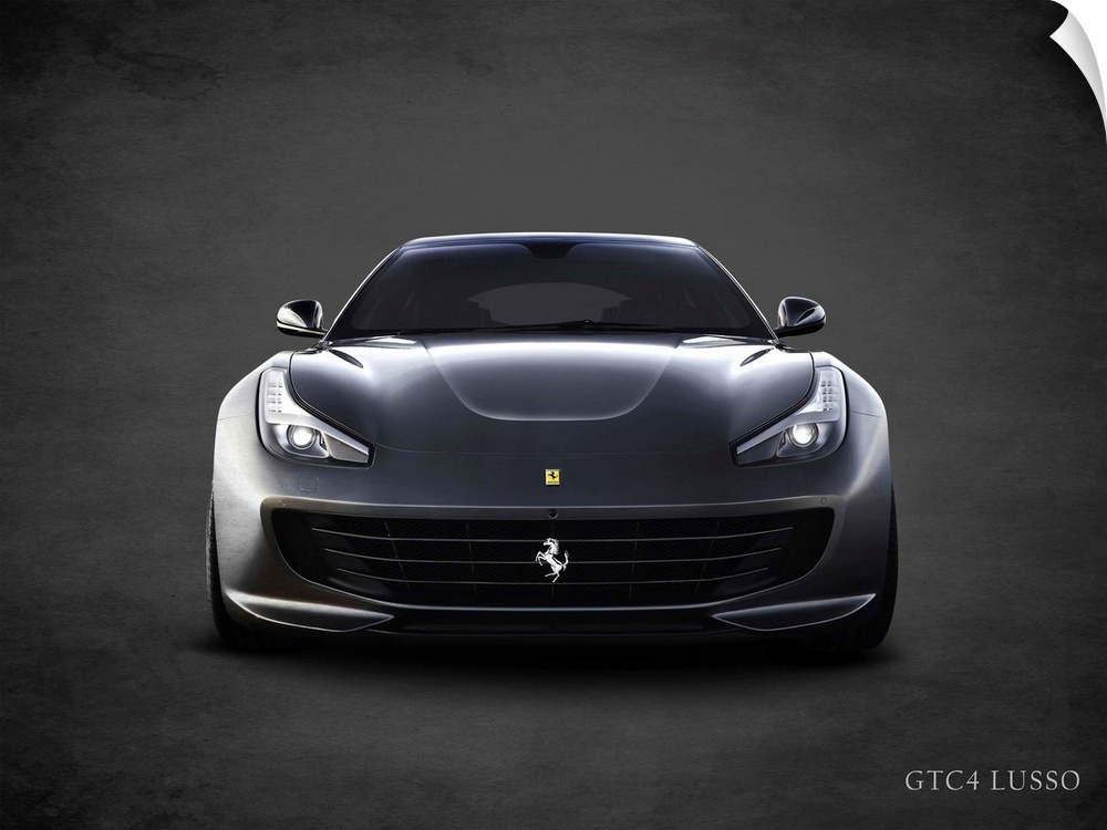 Photograph of a black Ferrari GTC4 Lusso printed on a black background with a dark vignette.
