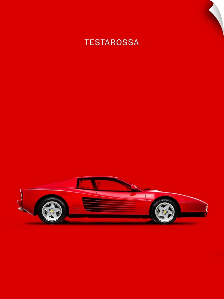 Photograph of a bright red Ferrari Testarossa 84 printed on a red background