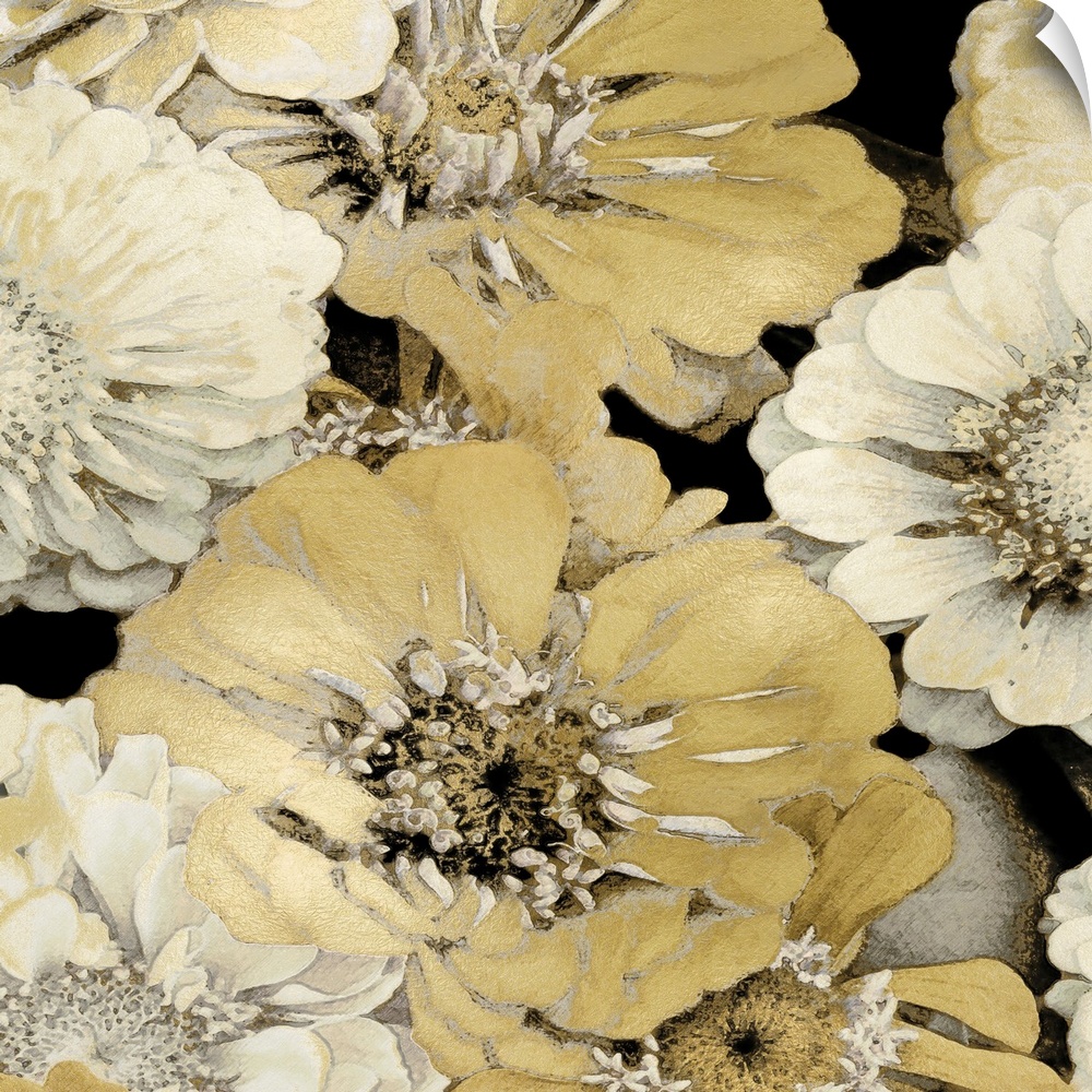 Decorative artwork featuring soft flowers in shades of gold over a black background.