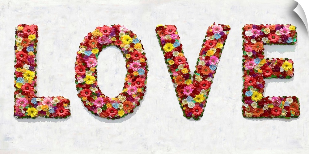 The word love is shaped by an assortment of colorful flowers.