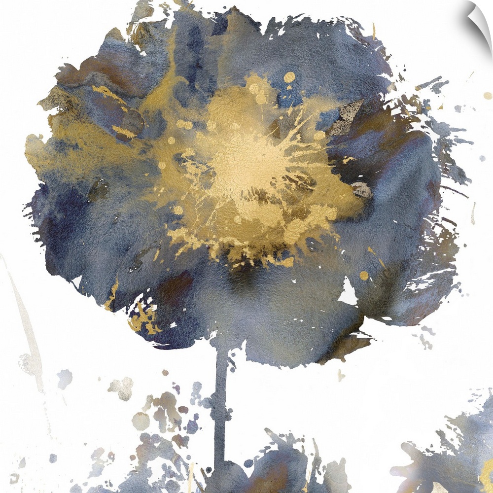 Square decor with a single paint splattered flower in gold, silver, and blue hues.