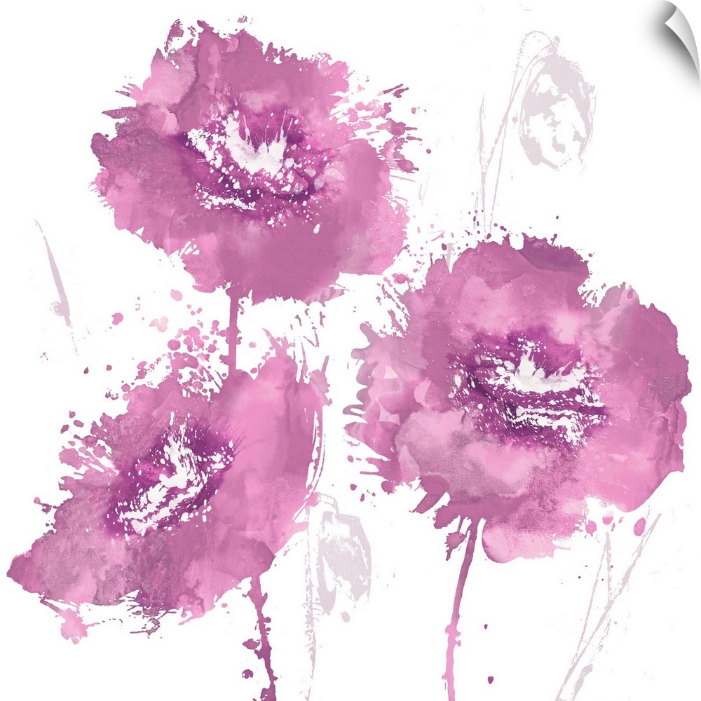 Square decor with three paint splattered flowers in shades of pink.