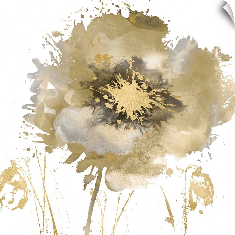 Square decor with a single paint splattered flower in gold, silver, and black hues.
