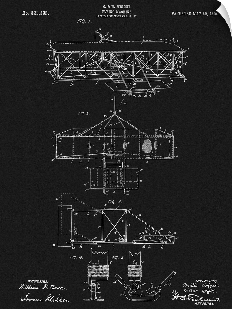 Black and white blueprint of a flying machine, patented May 22, 1906.