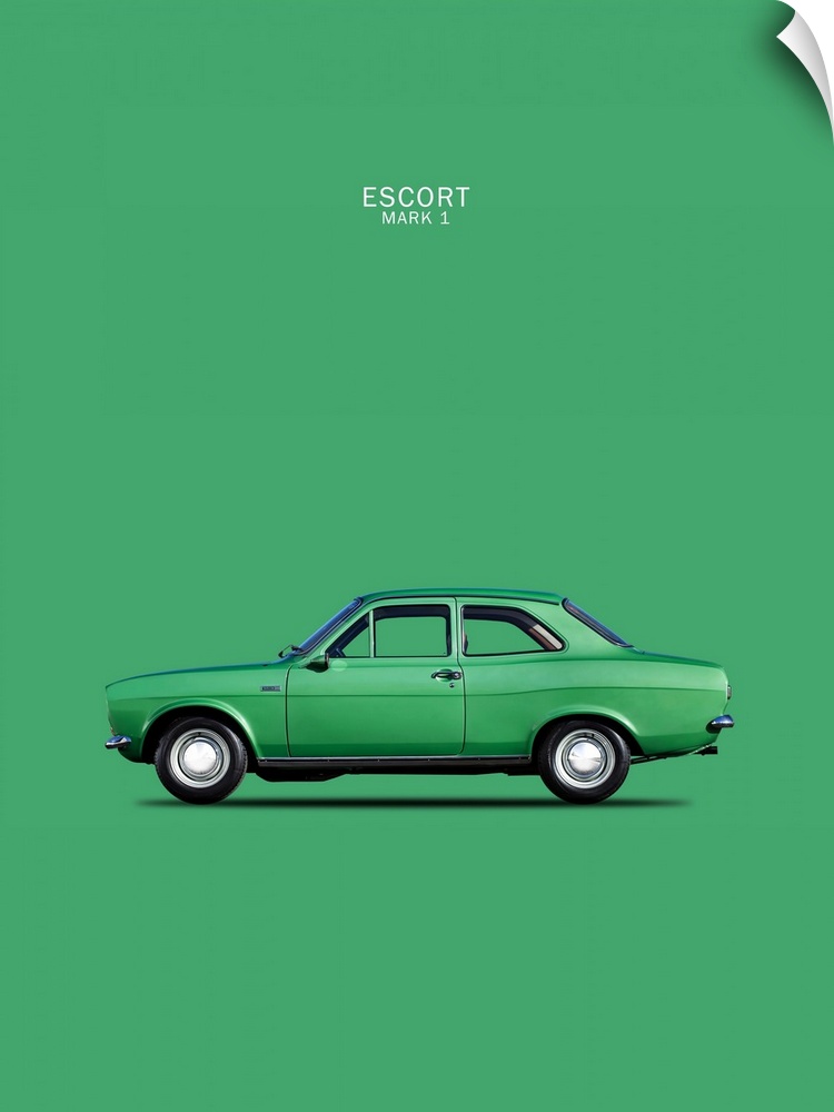 Photograph of a green Ford Escort Mk1 TwinCam 1968 printed on a green background