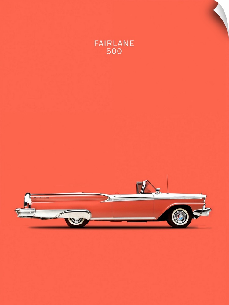 Photograph of a coral pink Ford Fairlane 500 1959 printed on a coral background