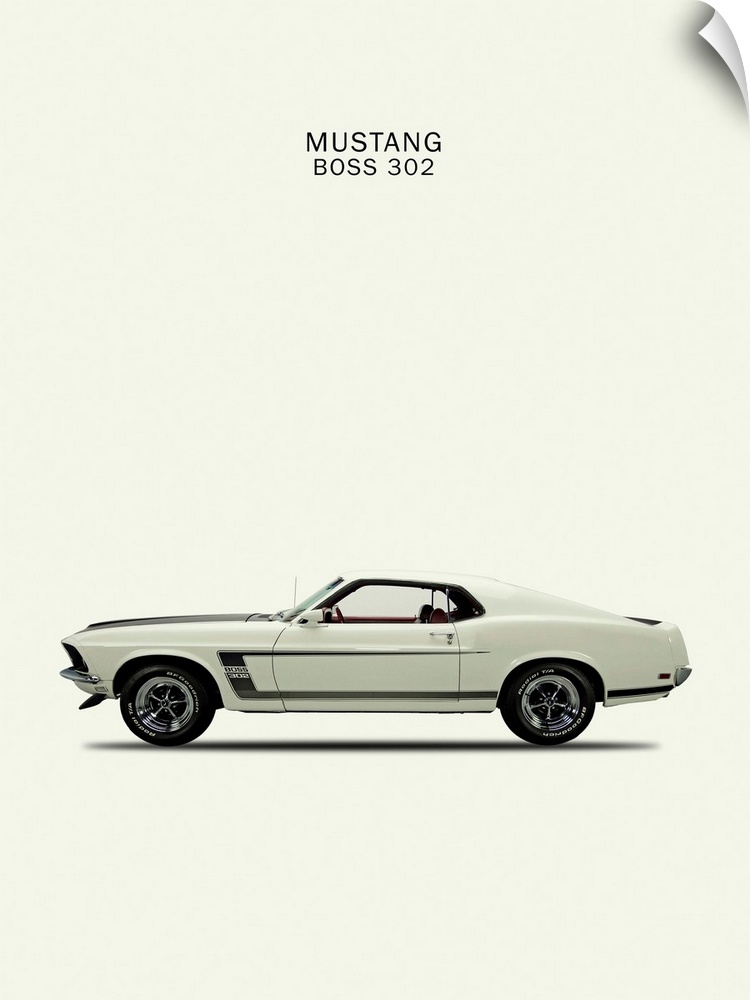 Photograph of a white Ford Mustang Boss302 1969 printed on a white background