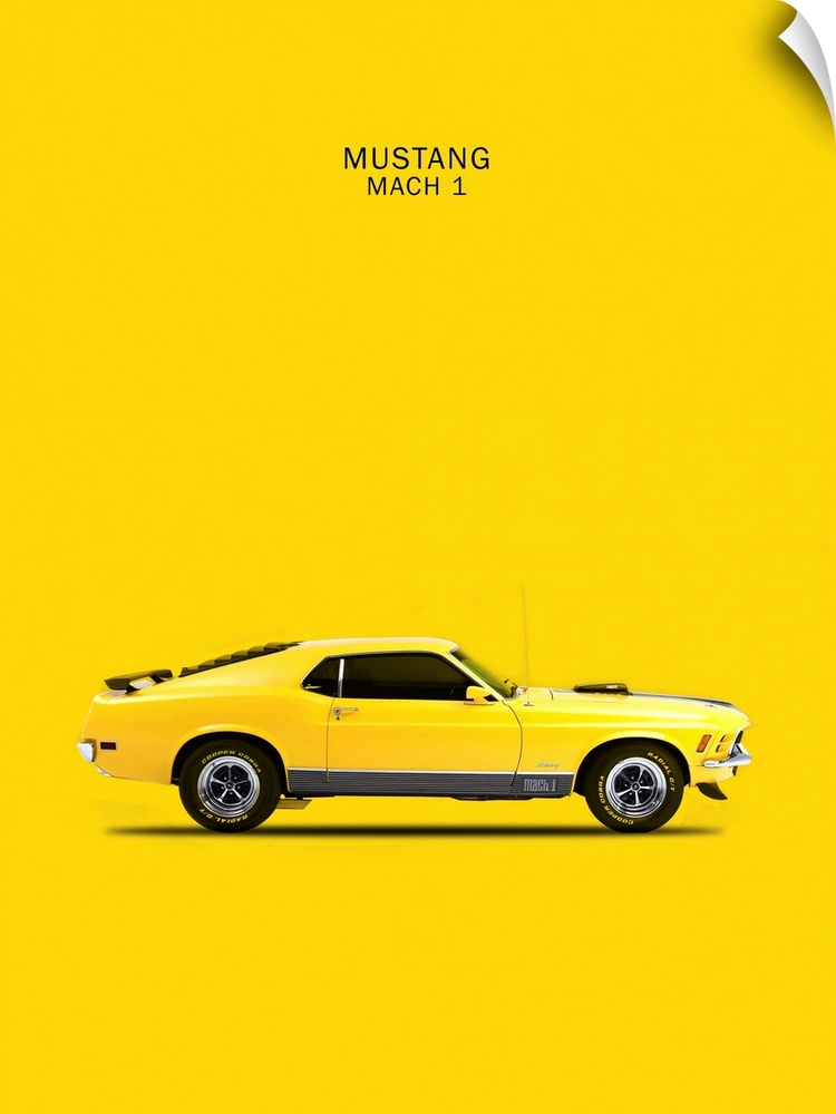 Photograph of a yellow Ford Mustang Mach1 1970 printed on a yellow background