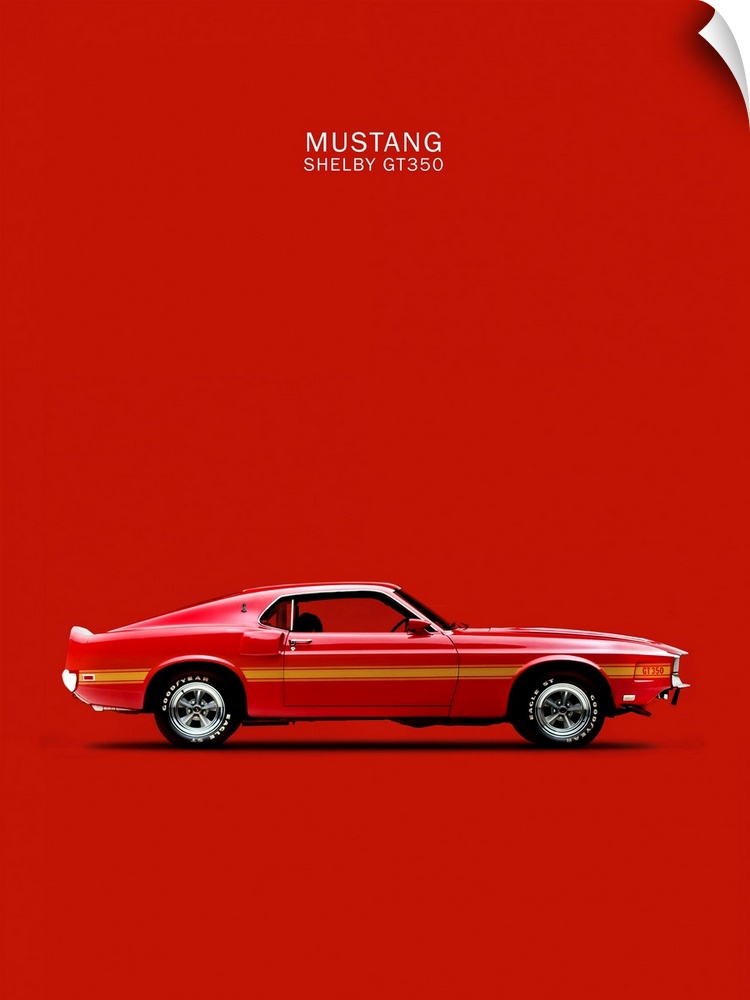 Photograph of a red and yellow Ford Mustang Shelby GT350 1969 printed on a red background