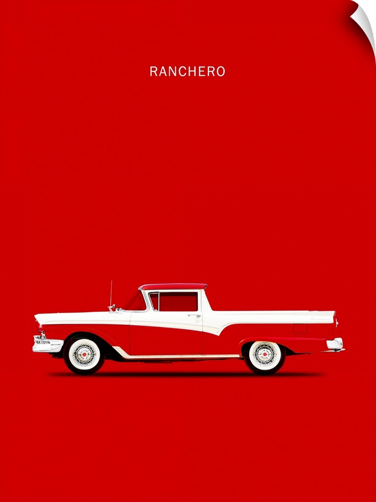 Photograph of a red and white Ford Ranchero 57 printed on a red background