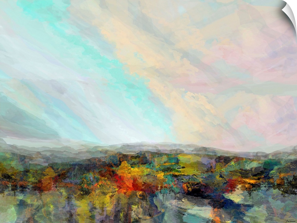 Abstract artwork with a colorful hilly landscape and a pastel sky.