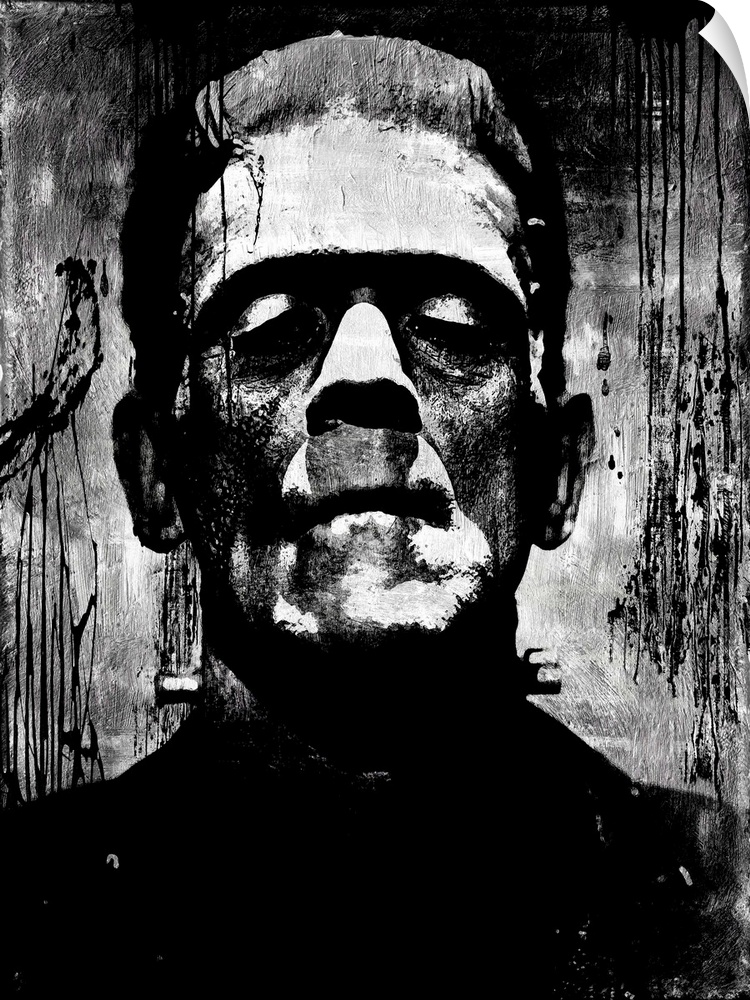 Portrait of Frankenstein in black and white.