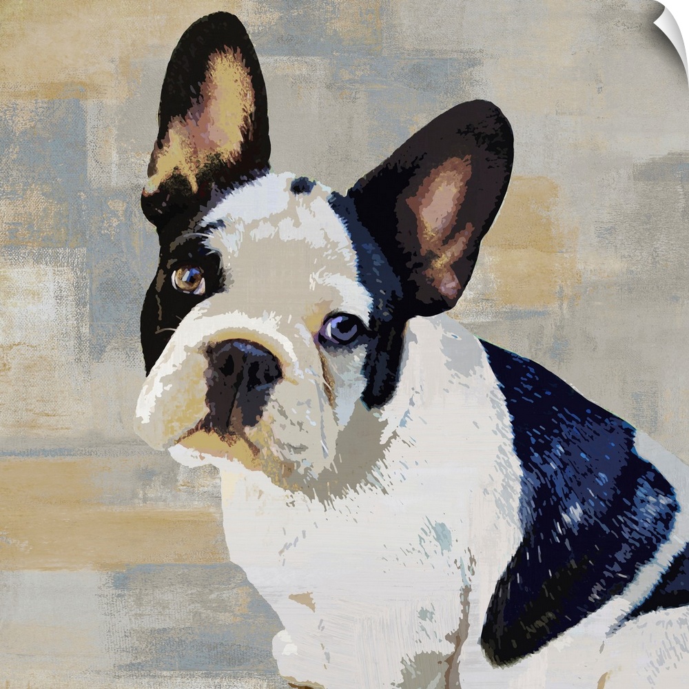 Square decor with a portrait of a French Bulldog on a layered gray, blue, and tan background.