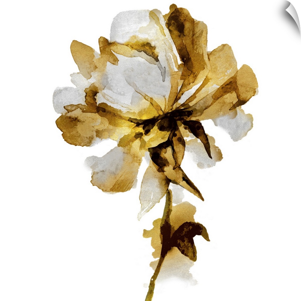 This contemporary artwork features a single golden bloom with gray petals over a white background.