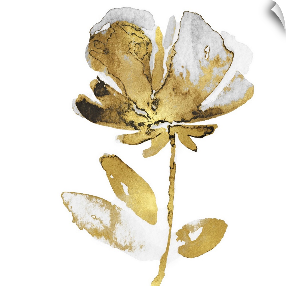 This contemporary artwork features a single golden bloom with gray petals over a white background.
