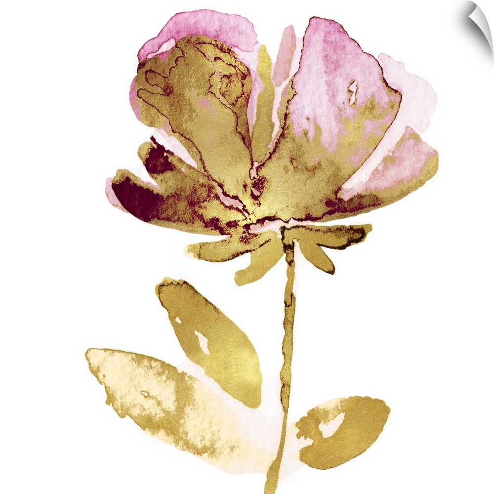 This contemporary artwork features a single golden bloom with pink petals over a white background.
