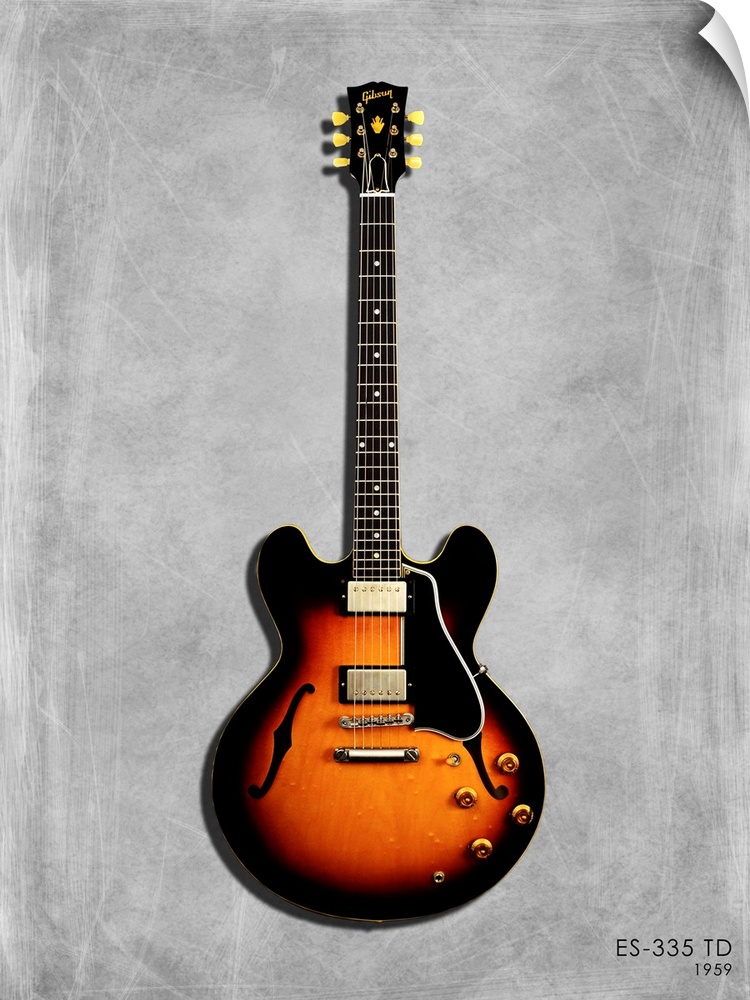 Photograph of a Gibson ES335 59 printed on a textured background in shades of gray.